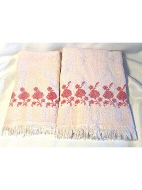 2 Vtg Dundee Pink Roses Floral Bath Hand Towel Fringe Cotton Embroidered